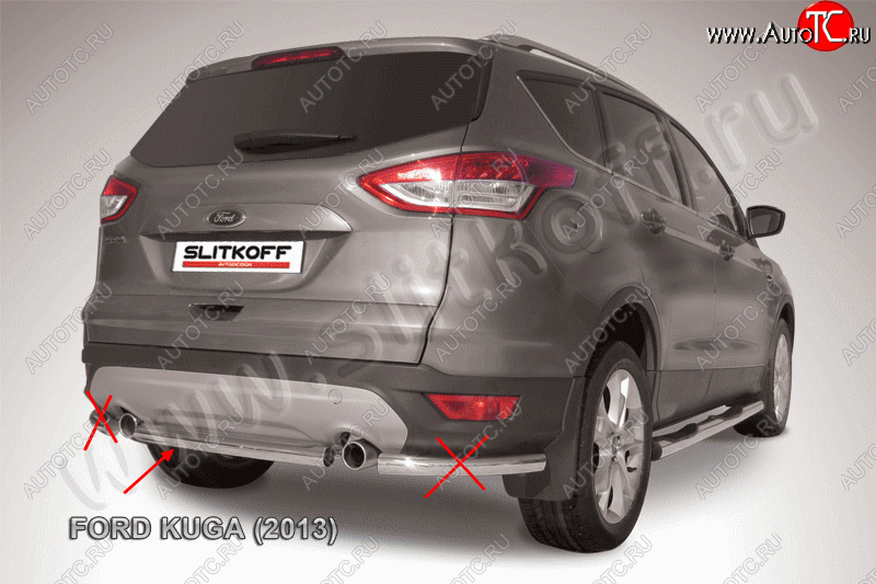 6 499 р. Защита заднего бампера Slitkoff (57 mm, короткая Ford Kuga 2 дорестайлинг (2013-2016) (Нержавейка, Полированная)  с доставкой в г. Майкоп