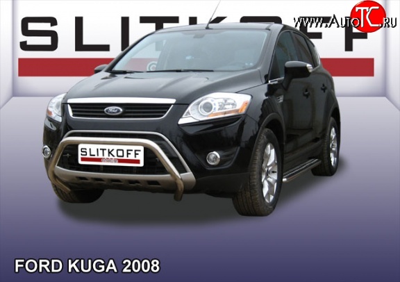 22 649 р. Усиленная низкая защита переднего бампера Slitkoff Ford Kuga 1 (2008-2013) (Нержавейка, Полированная)  с доставкой в г. Майкоп
