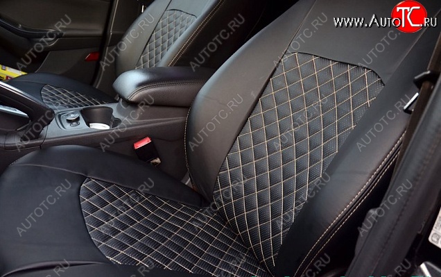 9 449 р. Чехлы для сидений Lord Autofashion Турин Ромб (экокожа, сиденье и спинка 60/40+подлокотник, 3 Г-образных подголовника)  Ford Mondeo (2007-2014) Mk4,BD дорестайлинг, седан, Mk4,DG дорестайлинг, универсал, Mk4,BD рестайлинг, седан, Mk4,DG рестайлинг, универсал (Чёрный, вставка чёрная, строчка бежевая)  с доставкой в г. Майкоп