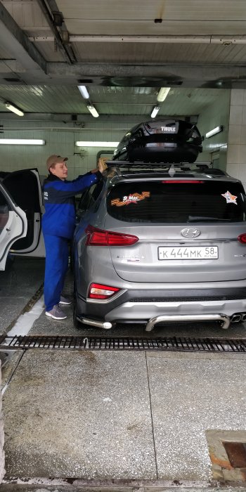 11 449 р. Защита заднего бампера Slitkoff (скоба, d57 мм)  Hyundai Santa Fe  TM (2018-2021) дорестайлинг (Нержавейка, Полированная)  с доставкой в г. Майкоп. Увеличить фотографию 2