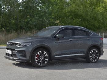 13 999 р. Защита переднего бампера (Ø57/Ø42) SLITKOFF  Geely Tugella  FY11,HPBA4 (2019-2025) дорестайлинг, рестайлинг (нержавейка с полимерным покрытием, черный)  с доставкой в г. Майкоп. Увеличить фотографию 2