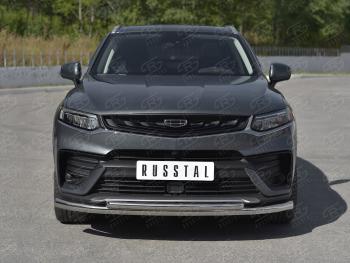 18 449 р. Защита переднего бампера (Ø57/Ø42 мм) SLITKOFF  Geely Tugella  FY11,HPBA4 (2019-2025) дорестайлинг, рестайлинг (нержавейка полированная)  с доставкой в г. Майкоп. Увеличить фотографию 2