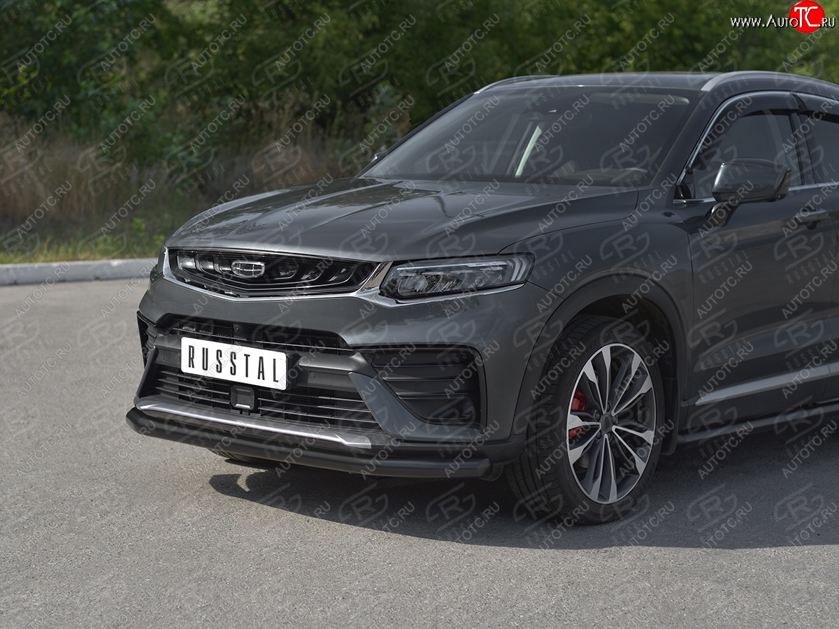 9 399 р. Защита переднего бампера (Ø57 мм) SLITKOFF  Geely Tugella  FY11,HPBA4 (2019-2025) дорестайлинг, рестайлинг (нержавейка с полимерным покрытием, черный)  с доставкой в г. Майкоп