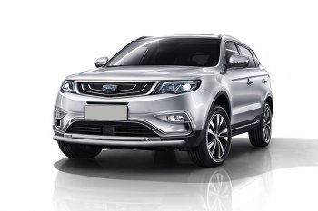 Защита переднего бампера Slitkoff (двойная, d57/42 мм) Geely Atlas  NL3 (2016-2022) (Сталь с полимерным покрытием. Цвет: серебристый)