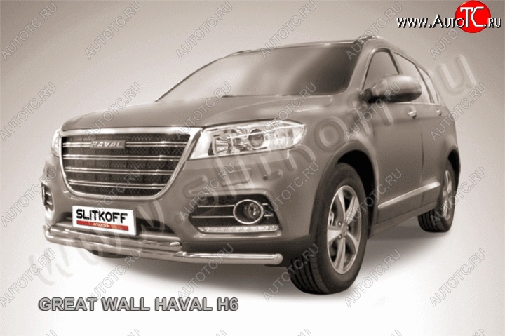 12 999 р. Двойная защита переднего бампера из труб диаметром 57 и 42 мм Slitkoff Haval H6 (2013-2020) (Нержавейка, Полированная)  с доставкой в г. Майкоп