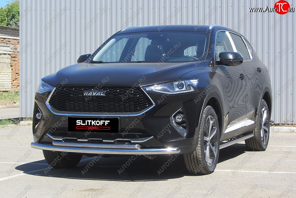 13 899 р. Защита переднего бампера (2 трубы Ø57 и 42 мм, нержавейка) Slitkoff Haval F7  дорестайлинг (2018-2022)  с доставкой в г. Майкоп