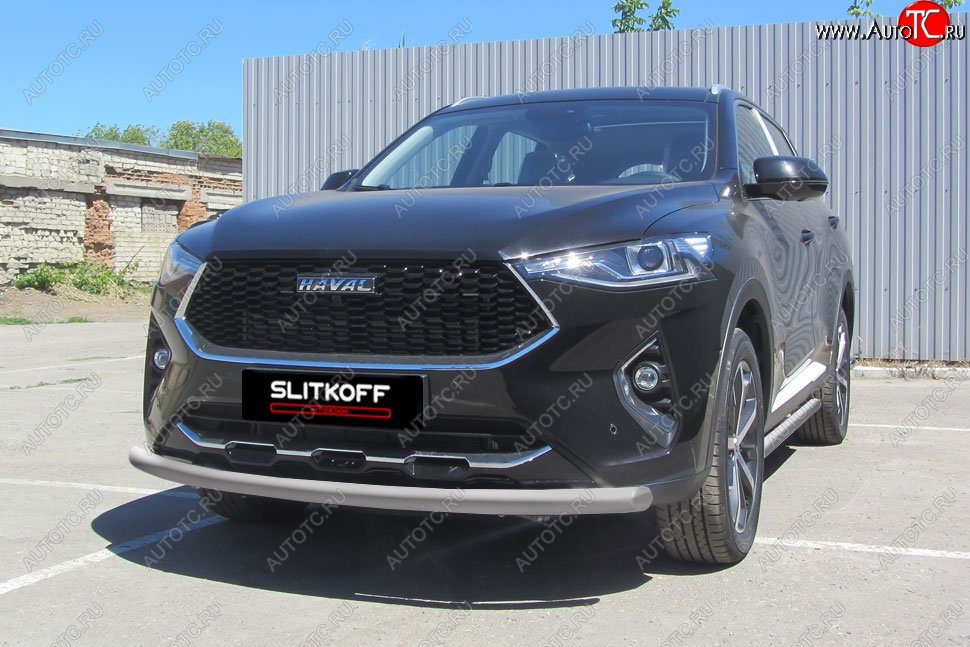 7 999 р. Защита переднего бампера (Ø57, с полимерным покрытием) Slitkoff Haval F7  дорестайлинг (2018-2022) (цвет: серебро)  с доставкой в г. Майкоп
