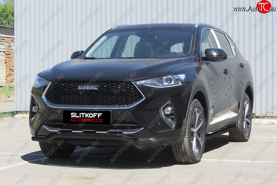8 949 р. Защита переднего бампера (Ø42 волна, с полимерным покрытием) Slitkoff Haval F7  дорестайлинг (2018-2022) (цвет: черный)  с доставкой в г. Майкоп