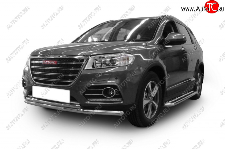 8 999 р. Защита переднего бампера Slitkoff (Ø 57+Ø 57).  Haval H2 (2014-2021) (Цвет: серебристый)  с доставкой в г. Майкоп