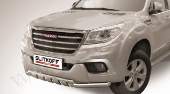 Защита переднего бампера Slitkoff (двойная с профильной защитой картера, d57/57 мм) Haval H9 1-ый рестайлинг (2017-2019) (Нержавейка)