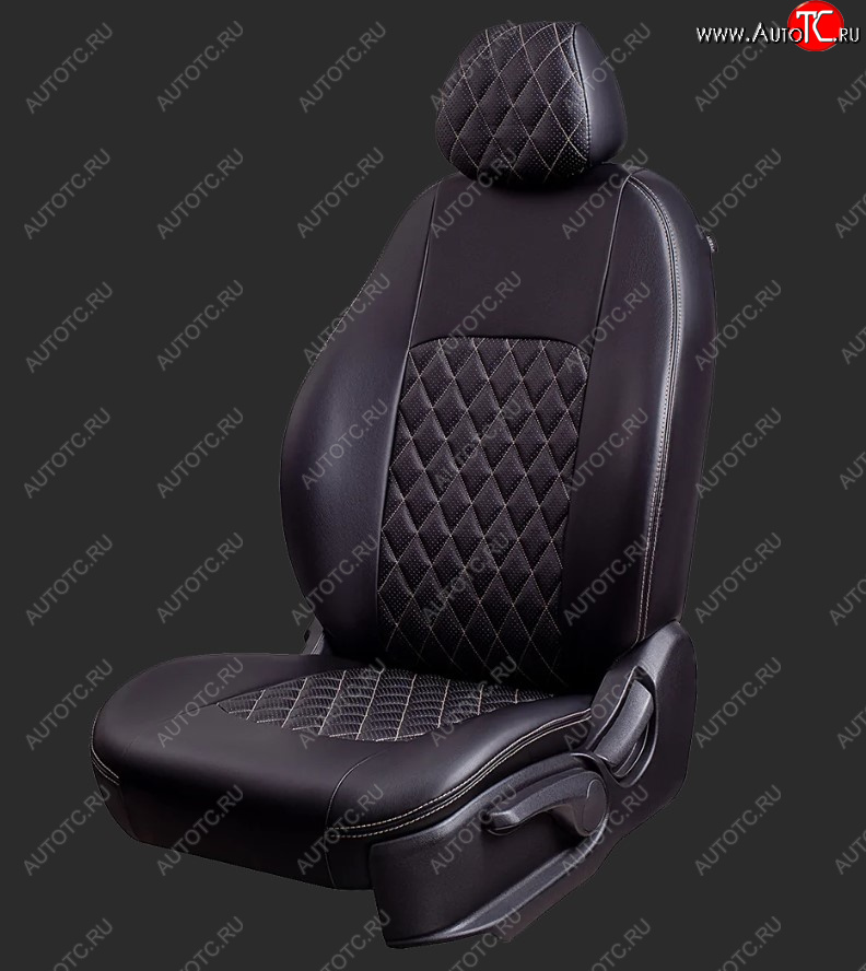 9 449 р. Чехлы для сидений Lord Autofashion Турин Ромб (экокожа, спинка и сиденье 60/40, 3 Г-образных подголовника) Honda CR-V RE1,RE2,RE3,RE4,RE5,RE7 дорестайлинг (2007-2010) (Черный, вставка черная, строчка бежевая)  с доставкой в г. Майкоп