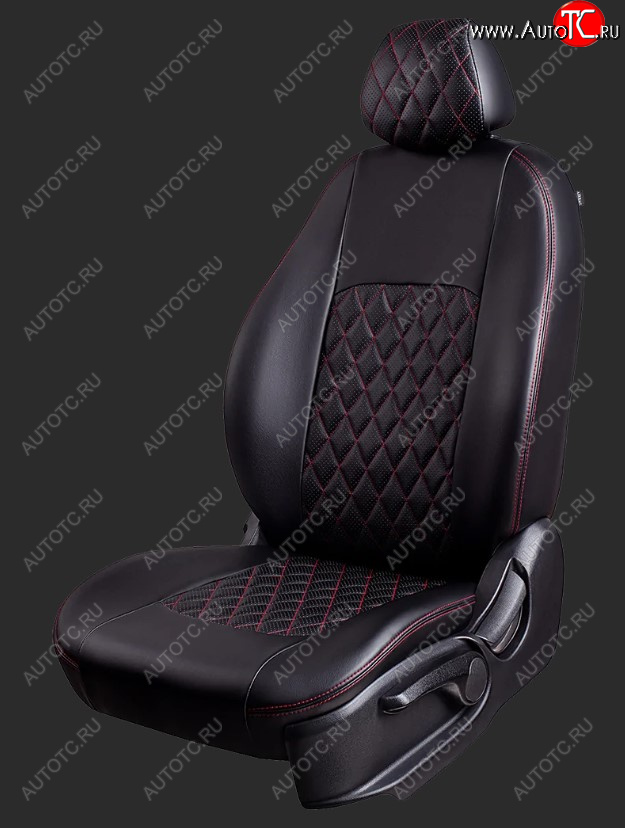 9 449 р. Чехлы для сидений Lord Autofashion Турин Ромб (экокожа, спинка и сиденье 60/40, 3 Г-образных подголовника) Honda CR-V RE1,RE2,RE3,RE4,RE5,RE7 дорестайлинг (2007-2010) (Черный, вставка черная, строчка красная)  с доставкой в г. Майкоп