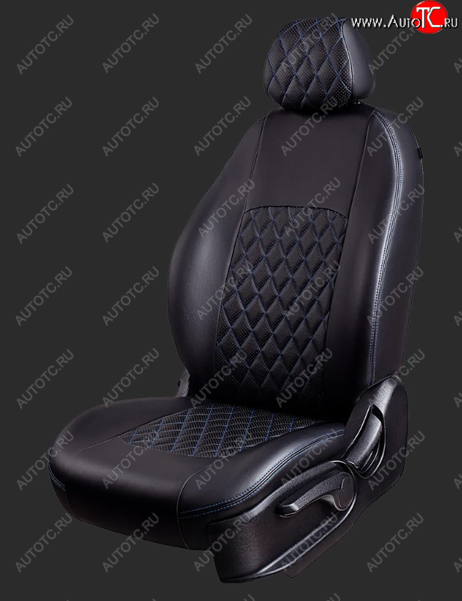 9 449 р. Чехлы для сидений Lord Autofashion Турин Ромб (экокожа, спинка и сиденье 60/40, 3 Г-образных подголовника) Honda CR-V RE1,RE2,RE3,RE4,RE5,RE7 дорестайлинг (2007-2010) (Черный, вставка черная, строчка синяя)  с доставкой в г. Майкоп