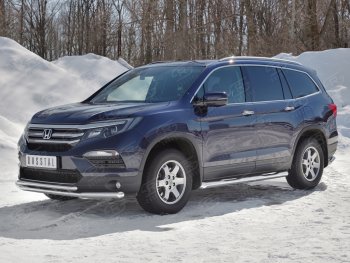 Защита переднего бампера (2 трубы Ø63 и 42 мм, нержавейка) SLITKOFF Honda Pilot  YF6 (2016-2019) дорестайлинг