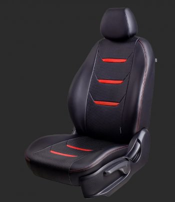 Чехлы для сидений Lord Autofashion Турин 2 (экокожа, спинка 40/60, 2 П-образных подголовника) Hyundai Accent  2 LC (1999-2012) седан дорестайлинг (ТагАЗ) (Черный, вставка черная и красная, строчка красная)