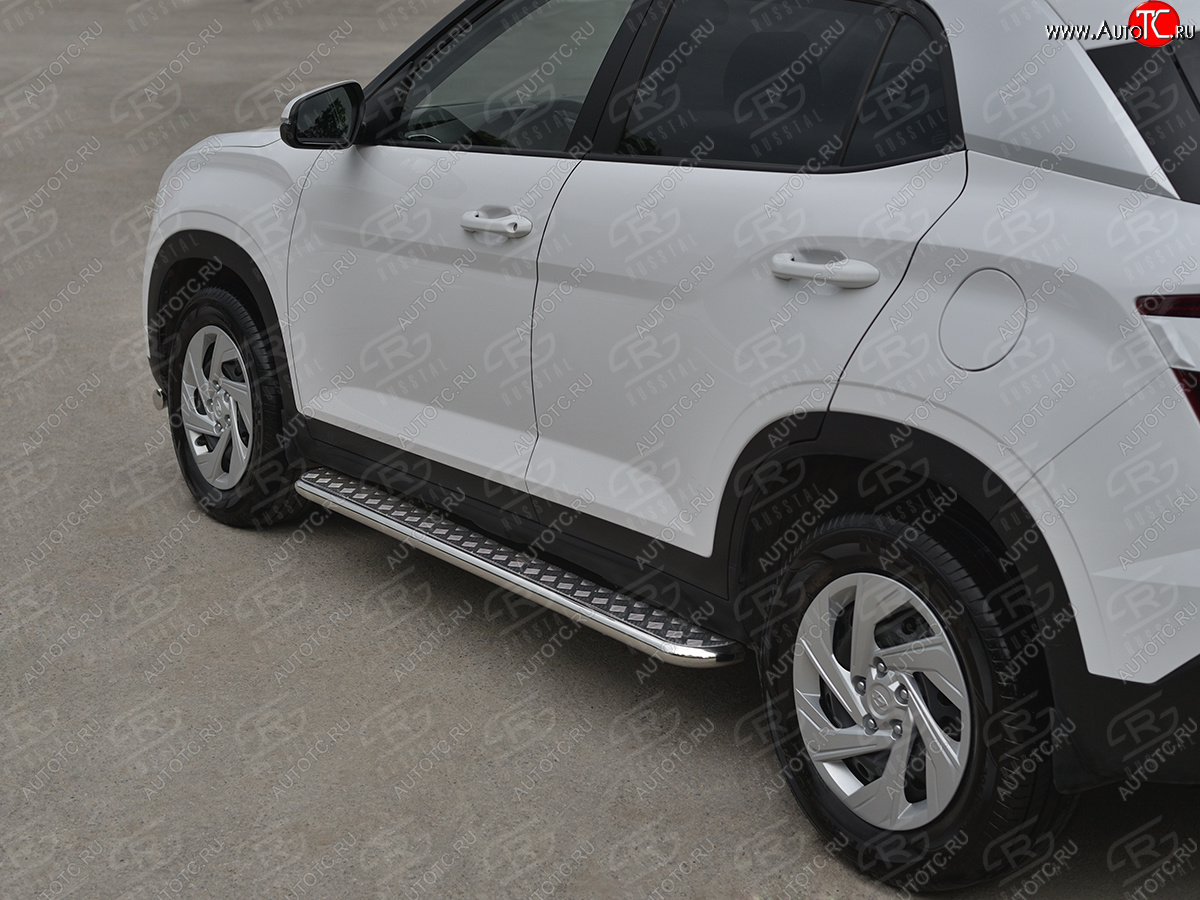 22 999 р. Порожки для ног SLITKOFF (Ø42 мм)  Hyundai Creta  SU (2020-2022) (лист - алюминий, профиль - нержавейка)  с доставкой в г. Майкоп