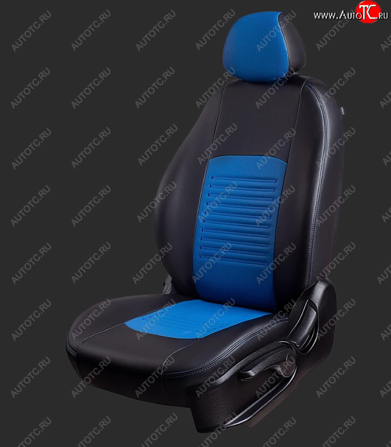 9 449 р. Чехлы для сидений Lord Autofashion Турин (экокожа, спинка 40/60+отд. бок, 2 Г-образных подголовника) Hyundai Elantra HD (2006-2011) (Черный, вставка черная, строчка синяя)  с доставкой в г. Майкоп