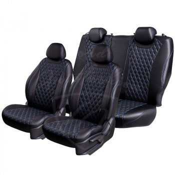 18 549 р. Чехлы для сидений Lord Autofashion Байрон (экокожа, раздельная спинка, 3 Г-образных подголовника)  Hyundai Getz  TB (2005-2010) хэтчбэк 5 дв. рестайлинг (Черный, вставка черная, строчка синяя)  с доставкой в г. Майкоп. Увеличить фотографию 7