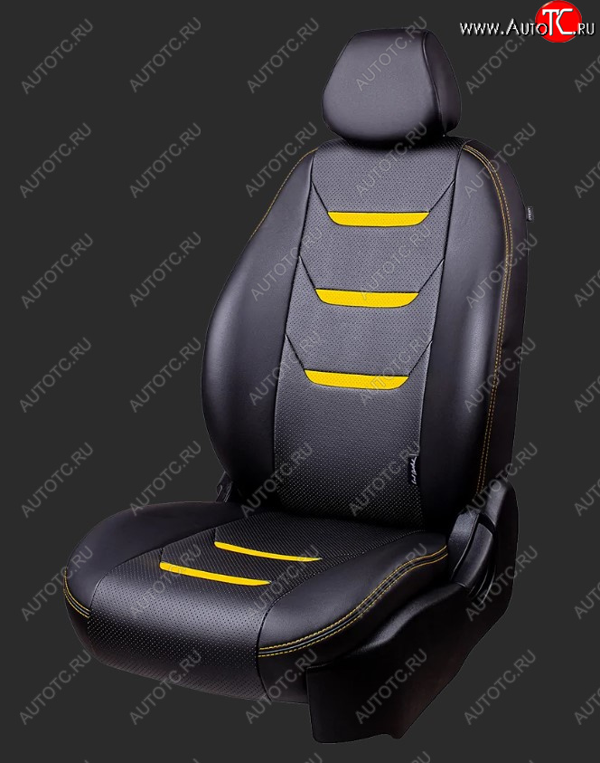 7 399 р. Чехлы для сидений Lord Autofashion Турин 2 (экокожа, спинка 40/60, 3 Г-образных подголовника)  Hyundai Getz  TB (2005-2010) хэтчбэк 5 дв. рестайлинг (Черный, вставка черная/желтая, строчка желтая)  с доставкой в г. Майкоп