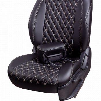 10 899 р. Чехлы для сидений Lord Autofashion Байрон (экокожа, сиденья и спинка 60/40, 3 Г-образных подголовника) Hyundai I30 2 GD дорестайлинг, хэтчбэк 5 дв. (2011-2015) (Черный, вставка черная, строчка бежевая)  с доставкой в г. Майкоп. Увеличить фотографию 3