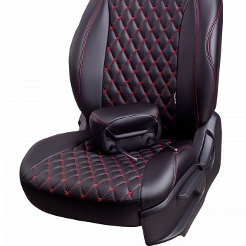 14 999 р. Чехлы для сидений Lord Autofashion Байрон (экокожа, сиденья и спинка 60/40, 3 Г-образных подголовника)  Hyundai I30  2 GD (2011-2017) дорестайлинг универсал, дорестайлинг, хэтчбэк 5 дв., рестайлинг универсал, рестайлинг, хэтчбэк 5 дв. (Черный, вставка черная, строчка красная)  с доставкой в г. Майкоп. Увеличить фотографию 4