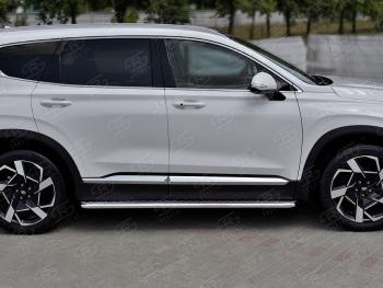 24 649 р. Порожки для ног SLITKOFF (Ø42 мм)  Hyundai Santa Fe  TM (2020-2022) рестайлинг (лист - алюминий, профиль - нержавейка)  с доставкой в г. Майкоп. Увеличить фотографию 3