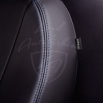 9 449 р. Чехлы для сидений Lord Autofashion Турин Ромб (экокожа, сплошная спинка)  Hyundai Solaris  HCR (2017-2020) седан дорестайлинг (Черный, вставка черная, строчка синяя)  с доставкой в г. Майкоп. Увеличить фотографию 2