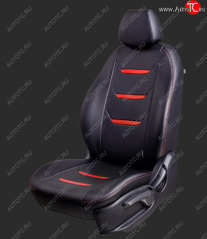 7 799 р. Чехлы для сидений Lord Autofashion Турин 2 (экокожа, спинка 60/40, 2 Г-образных подголовника)  Hyundai Solaris  RBr (2010-2017) хэтчбэк дорестайлинг, хэтчбэк рестайлинг (Черный, вставка черная и красная, строчка красная)  с доставкой в г. Майкоп