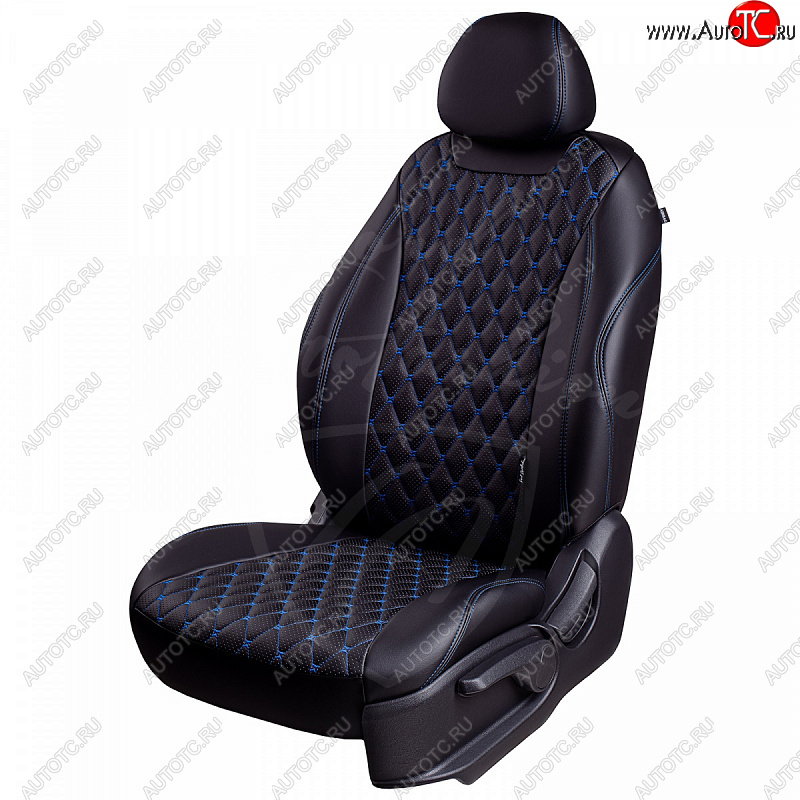 19 649 р. Чехлы для сидений Lord Autofashion Байрон (экокожа, раздельная спинка, 2 Г-образных подголовника) Hyundai Solaris RBr хэтчбэк дорестайлинг (2010-2014) (Черный, вставка черная, строчка синяя)  с доставкой в г. Майкоп