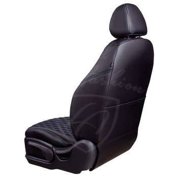 19 649 р. Чехлы для сидений Lord Autofashion Байрон (экокожа, раздельная спинка, 2 Г-образных подголовника) Hyundai Solaris RBr хэтчбэк дорестайлинг (2010-2014) (Черный, вставка черная, строчка синяя)  с доставкой в г. Майкоп. Увеличить фотографию 4