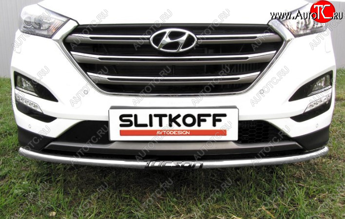 7 549 р. Защита переднего бампера Slitkoff (Ø 42 мм, с надписью).  Hyundai Tucson  TL (2015-2018) дорестайлинг (Сталь с полимерным покрытием. Цвет: серебристый)  с доставкой в г. Майкоп