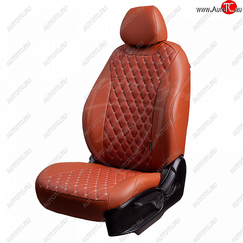 10 399 р. Чехлы для сидений Lord Autofashion Байрон (экокожа, раздельная спинка, 2 П+ 1 Г-образных подголовника) Hyundai Tucson TL дорестайлинг (2015-2018) (Коричневый, вставка коричневая, строчка бежевая)  с доставкой в г. Майкоп