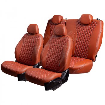 10 399 р. Чехлы для сидений Lord Autofashion Байрон (экокожа, раздельная спинка, 2 П+ 1 Г-образных подголовника) Hyundai Tucson TL дорестайлинг (2015-2018) (Коричневый, вставка коричневая, строчка бежевая)  с доставкой в г. Майкоп. Увеличить фотографию 2