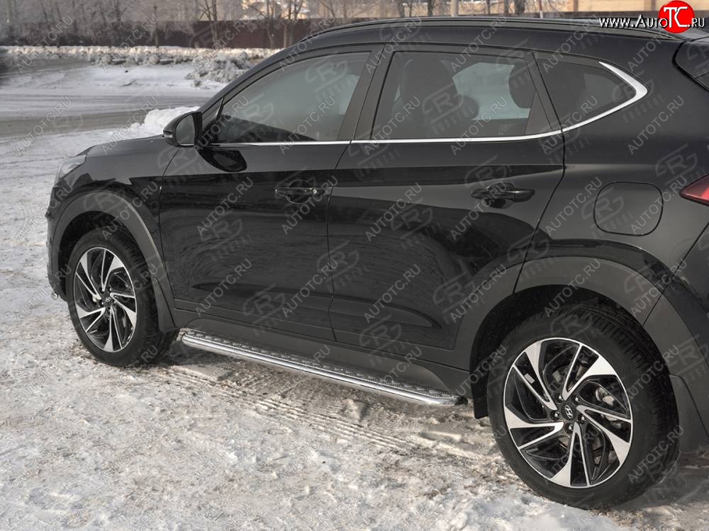 24 649 р. Порожки для ног SLITKOFF (Ø42 мм)  Hyundai Tucson  TL (2018-2021) рестайлинг (Лист алюминиевый, труба - нержавейка)  с доставкой в г. Майкоп