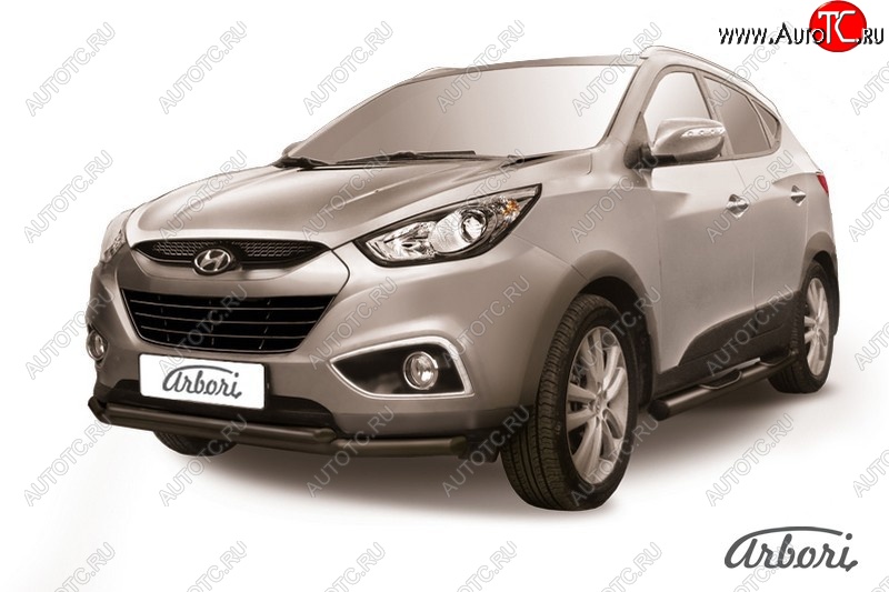 7 649 р. Защита переднего бампера Arbori (черная, 2 трубы d57 и 42 mm) Hyundai IX35 LM дорестайлинг (2009-2013)  с доставкой в г. Майкоп