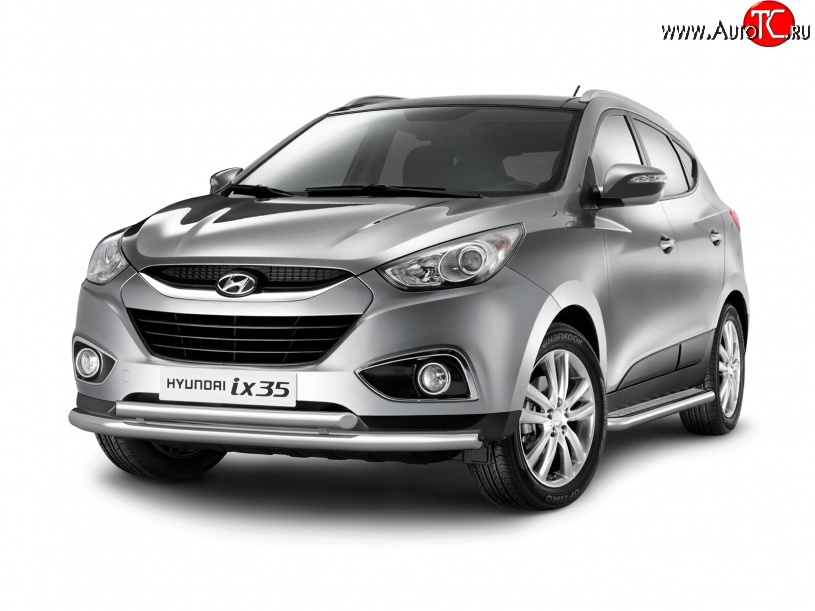 11 899 р. Двойная защита переднего бампера из труб диаметром 63 и 51 мм Petroil Tuning Hyundai IX35 LM дорестайлинг (2009-2013) (Нержавеющая полированная сталь)  с доставкой в г. Майкоп