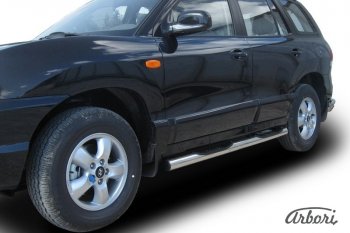 Защита штатных порогов Arbori (с проступью, нержавейка, d76 mm). Hyundai Santa Fe SM (2000-2012)
