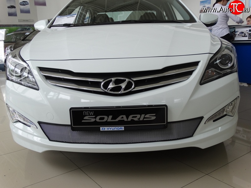1 539 р. Сетка на бампер Russtal (хром) Hyundai Solaris RBr седан рестайлинг (2014-2017)  с доставкой в г. Майкоп