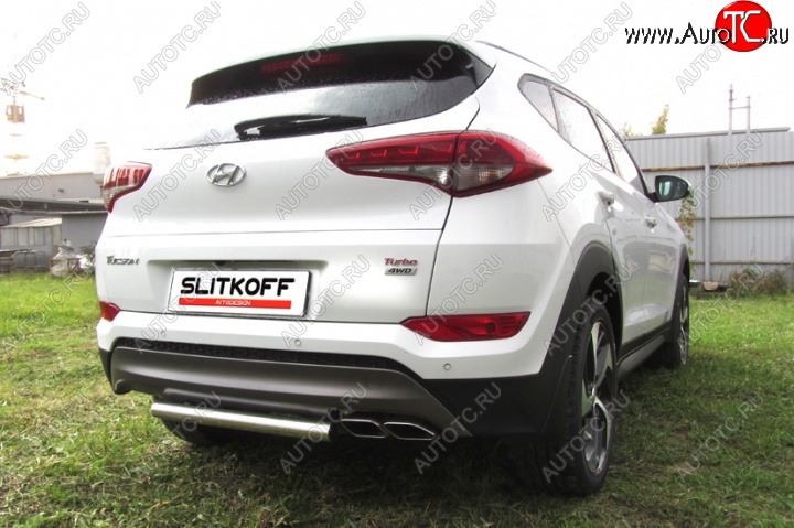 7 999 р. Защита заднего бампера из короткой трубы диаметром 57 мм Slitkoff Hyundai Tucson TL дорестайлинг (2015-2018) (Нержавейка, Полированная)  с доставкой в г. Майкоп