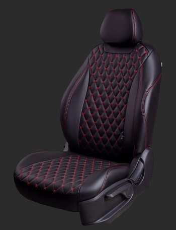 Чехлы для сидений Lord Autofashion Байрон (экокожа, спинка 40/60, подлокотник, отд. бок, 2 П- и 1 Г-образных подголовника) KIA K5 DL (2019-2022) (Черный, вставка черная, строчка красная)