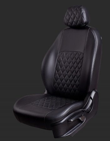 Чехлы для сидений Lord Autofashion Турин Ромб (экокожа, спинка 40/60, подлокотник, 2 П- и 3 Г-образных подголовника) KIA K5  DL (2019-2022) (Черный, вставка черная, строчка черная)