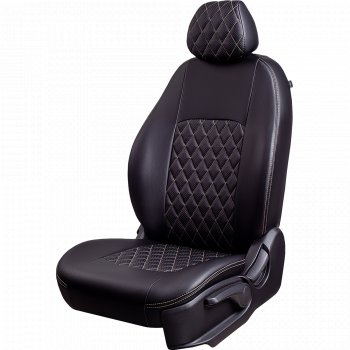 Чехлы для сидений Lord Autofashion Турин Ромб (экокожа, спинка 60/40, 3 Г-образных подголовника) KIA Seltos (2019-2025) (Черный, вставка черная, строчка бежевая)