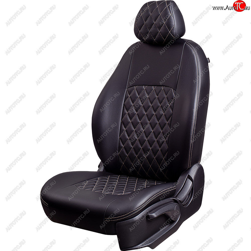 9 449 р. Чехлы для сидений Lord Autofashion Турин Ромб (экокожа, спинка 60/40, 3 Г-образных подголовника)  KIA Seltos (2019-2025) (Черный, вставка черная, строчка бежевая)  с доставкой в г. Майкоп