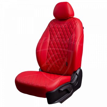 Чехлы для сидений Lord Autofashion Байрон (экокожа, раздельная задняя спинка, 3 Г-образных подголовника) KIA Rio ( X-line,  X) (2017-2025) рестайлинг (Красный, вставка красная, строчка красная)