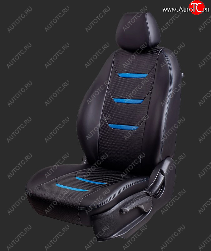 7 399 р. Чехлы для сидений Lord Autofashion Турин 2 (экокожа, спинка 60/40, 3 Г-образных подголовника)  KIA Rio ( 4 FB,  X-line,  4 YB,  X) (2016-2025) дорестайлинг седан, дорестайлинг, хэтчбэк, рестайлинг, рестайлинг седан, рестайлинг, хэтчбэк (Черный, вставка черная/синяя, строчка синяя)  с доставкой в г. Майкоп