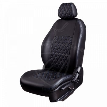 Чехлы для сидений Lord Autofashion Турин Ромб (экокожа) KIA Rio 2 JB дорестайлинг седан (2005-2009) (Черный, вставка черная, строчка синяя)