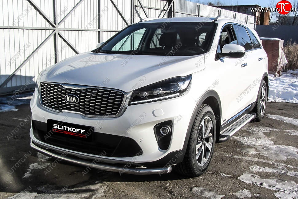 12 999 р. Защита переднего бампера Slitkoff (двойная, d57/42)  KIA Sorento  UM/Prime (2018-2020) рестайлинг (Нержавейка, Полированная)  с доставкой в г. Майкоп