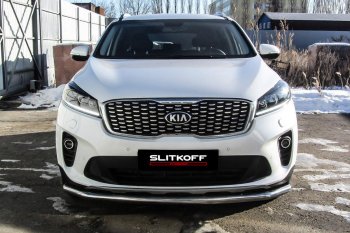 12 999 р. Защита переднего бампера Slitkoff (двойная, d57/42)  KIA Sorento  UM/Prime (2018-2020) рестайлинг (Нержавейка, Полированная)  с доставкой в г. Майкоп. Увеличить фотографию 2