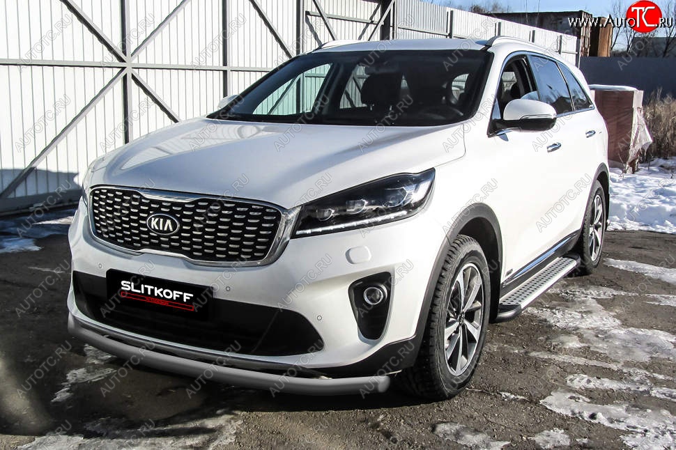 8 999 р. Защита переднего бампера Slitkoff (двойная, d57/42)  KIA Sorento  UM/Prime (2018-2020) рестайлинг (Сталь с полимерным покрытием. Цвет: серебристый)  с доставкой в г. Майкоп