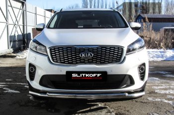 13 749 р. Защита переднего бампера Slitkoff (двойная, d57/42)  KIA Sorento  UM/Prime (2018-2020) рестайлинг (Нержавейка, Полированная)  с доставкой в г. Майкоп. Увеличить фотографию 2